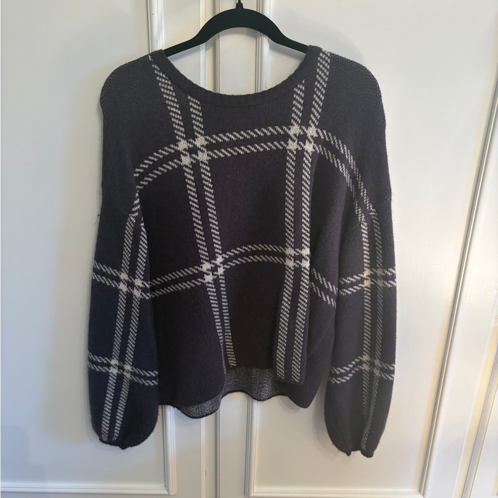 Z Supply Plaid Crew Neck Sweater - Dark Purple and White